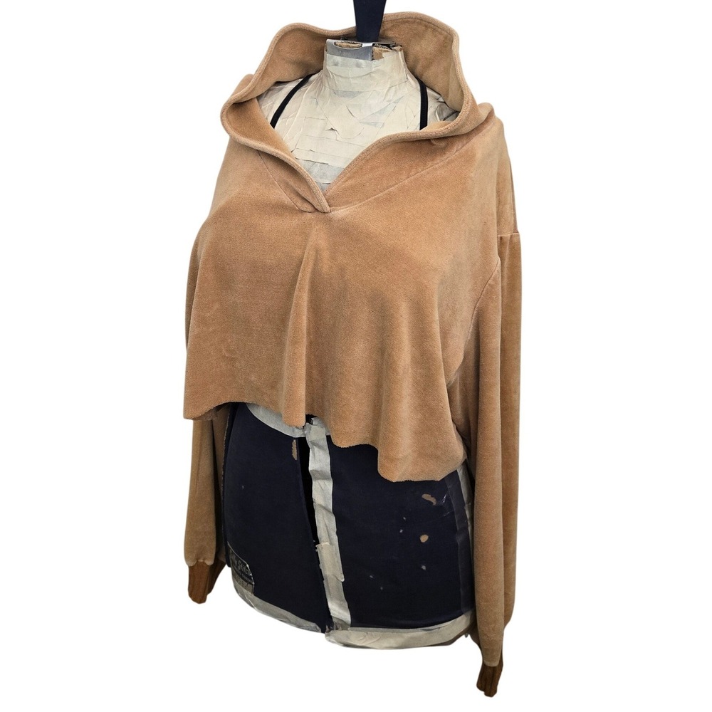 Vintage 70s Sears Cropped Terry Velour Sweatshirt Tan Shawl Collar Womens Boho
